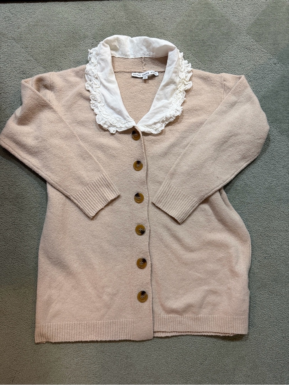 HYFVE Tan Button-Front Cardigan with Lace Collar- Size Small